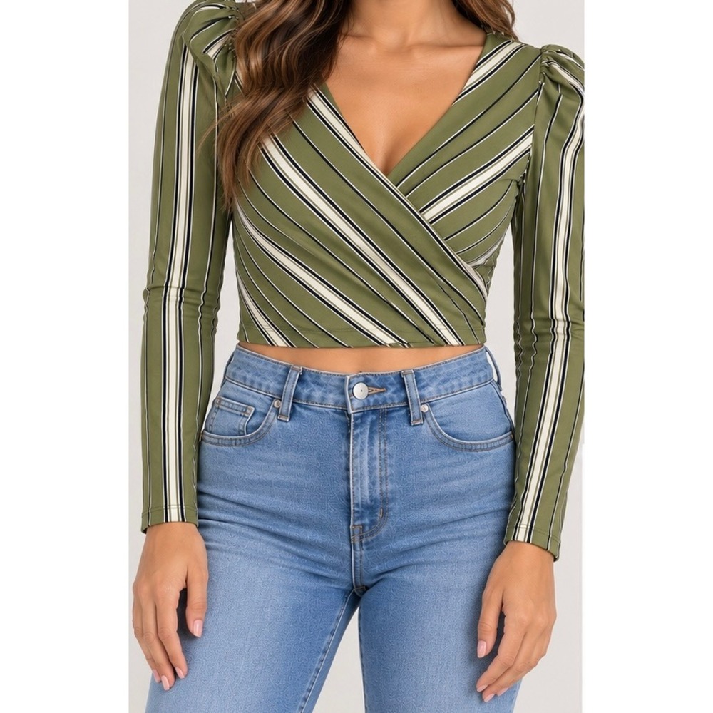 Green Striped Wrap Front Crop Top Long Sleeve Puff Shoulder V-Neck Size-S